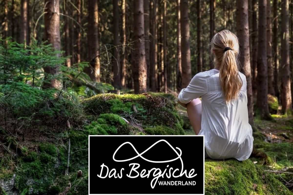Eine blonde Frau mit langem Pferdeschwanz sitzt beim Workshop im Wald und meditiert